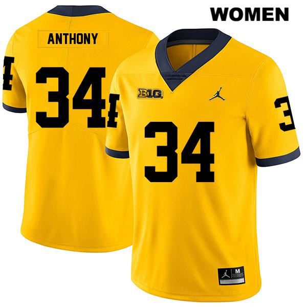 Women's NCAA Michigan Wolverines Jordan Anthony #34 Yellow Jordan Brand Authentic Stitched Legend Football College Jersey LY25M66BH